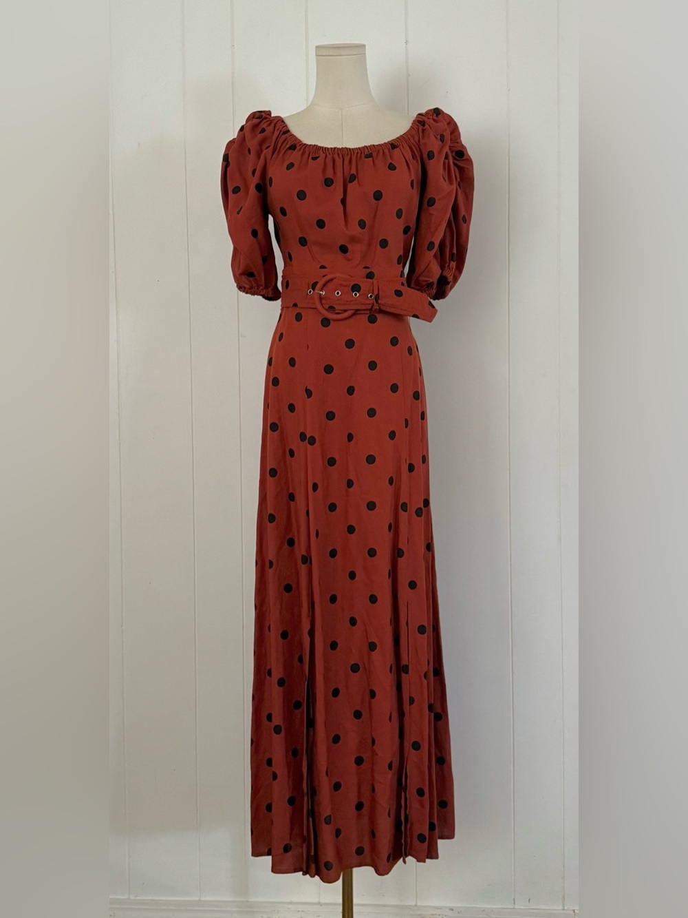 Anthropologie Maeve Lucienne Off-The-Shoulder Maxi Dress US 4 Brown Rust Orange - Picture 6 of 13